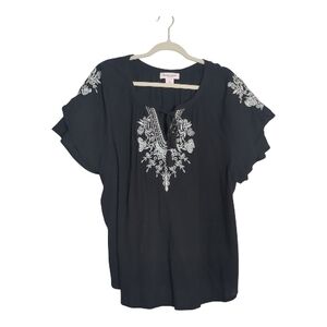 Allison Daley 2X Black Blouse White Embroidery Tiered Bell Sleeves Boho Chic